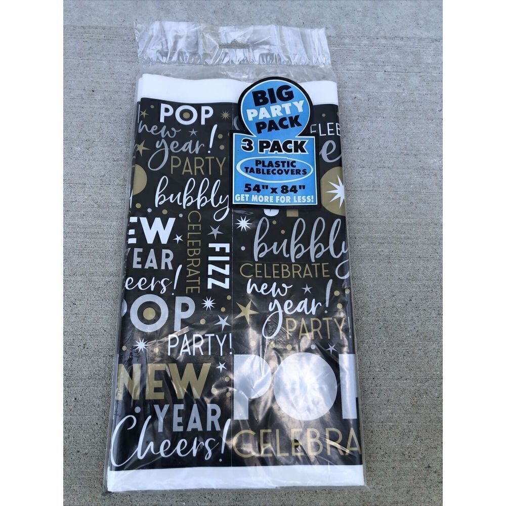 New Year's Eve Table Cover 3 Pack. Black, Silver, Gold. 54”x84”.